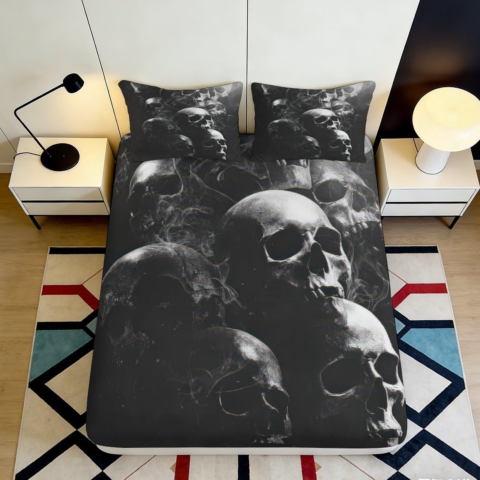 3D Printed Black Skull Fitted Sheet Microfiber Soft Breathable Smoke Skull Mattress Cover for Bedroom Dorm Decor 180x200x25cm