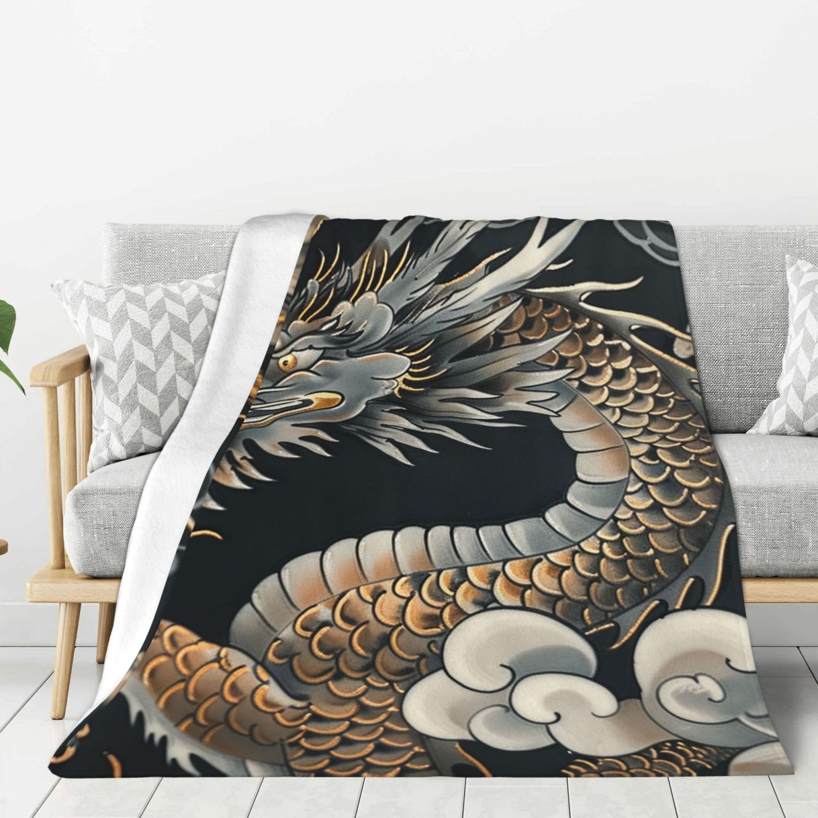 Couverture polaire dragon oriental en flanelle douce pour lit et canapé