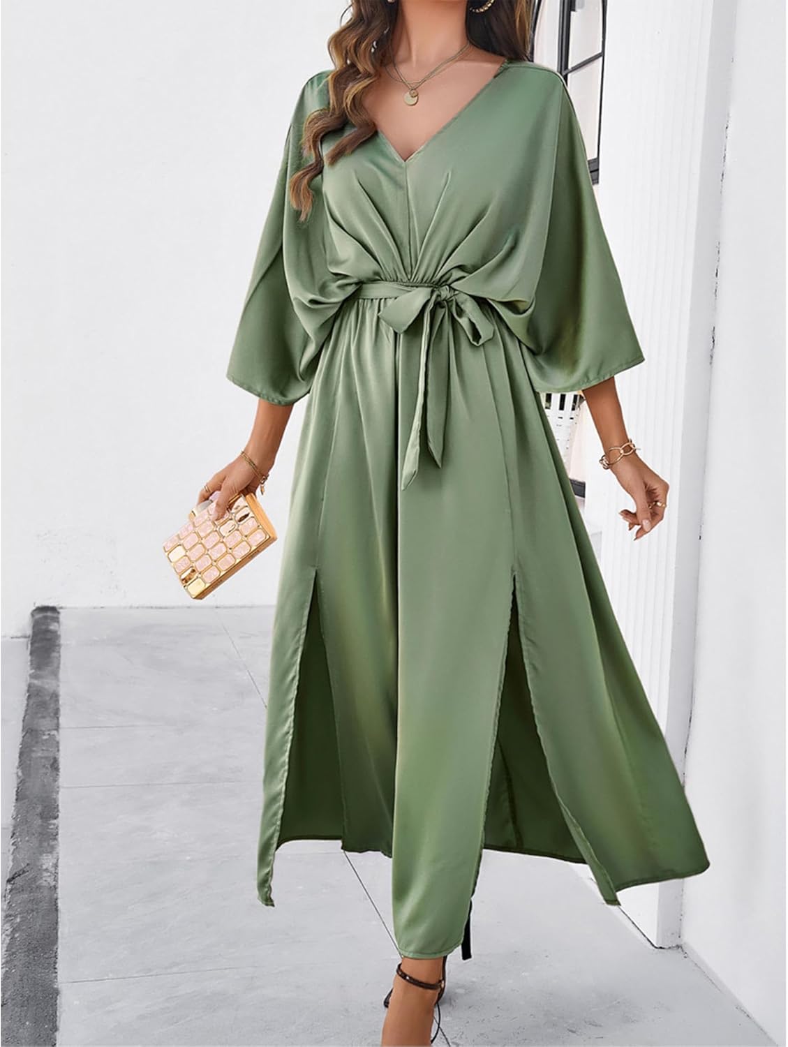 SEMATOMALA Women's Satin Batwing Sleeve Cocktail Evening A Line Long Dress V Neck Ruched Loose Maxi Dress - Image 6