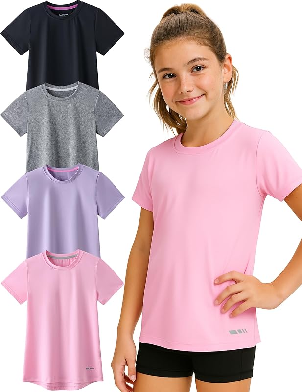 4 Pack Youth Girls Short Sleeve Athletic Shirts | Dry Fit Tech T Shirts, Gym, Sports, Activewear, Kids, Teens