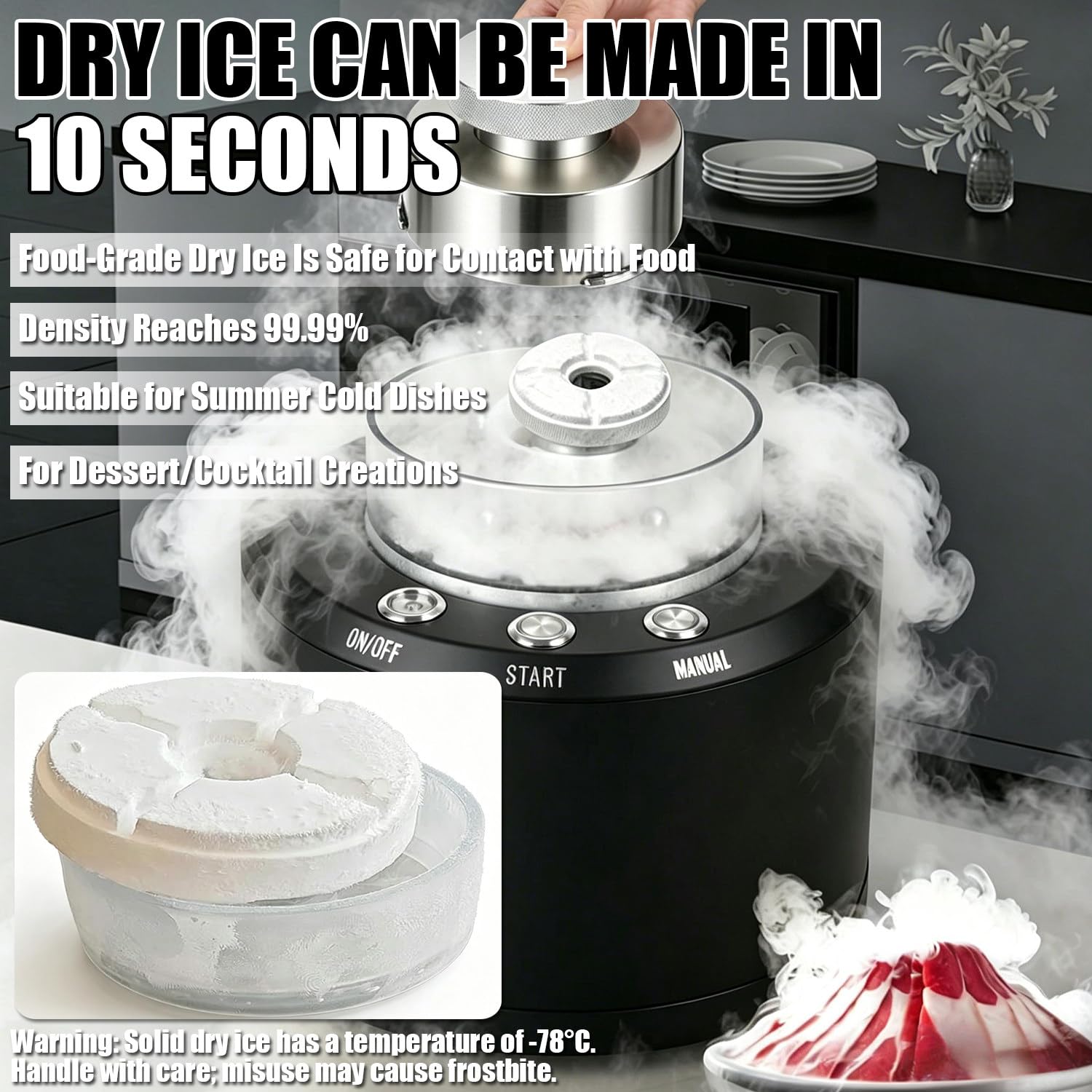 Máquina portátil de Hielo seco, generador de Hielo seco de 20 W, Enfriador de Vidrio, Manual/automático, Control por Botones, fabricación rápida de Hielo en 10 Segundos.