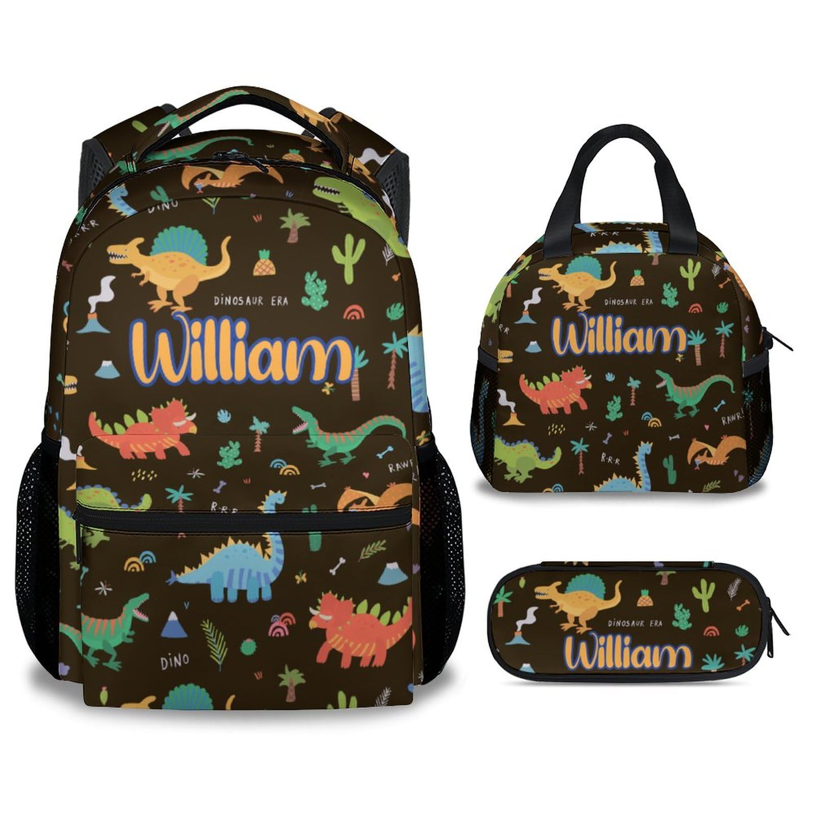 Custom Kids Backpack with Lunch Box for Boys Girls, Personalized Set of 3 Dinosaur School Backpacks Matching Combo, Cute Colorful Bookbag and Pencil