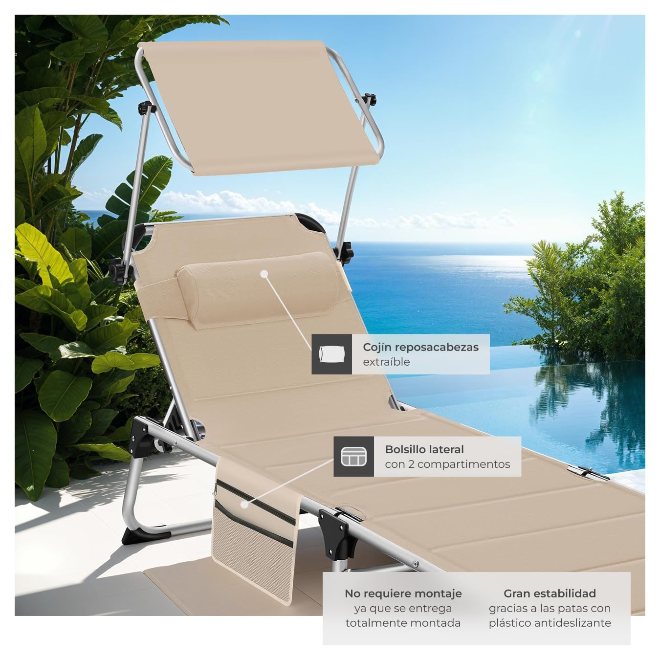 tectake® Tumbona Jardín Exterior de Aluminio, Tumbona Plegable con Reposacabezas, Parasol y Bolsillo Lateral, Playa Reclinable en 6 Posiciones, Resistente a Intemperie - Beige