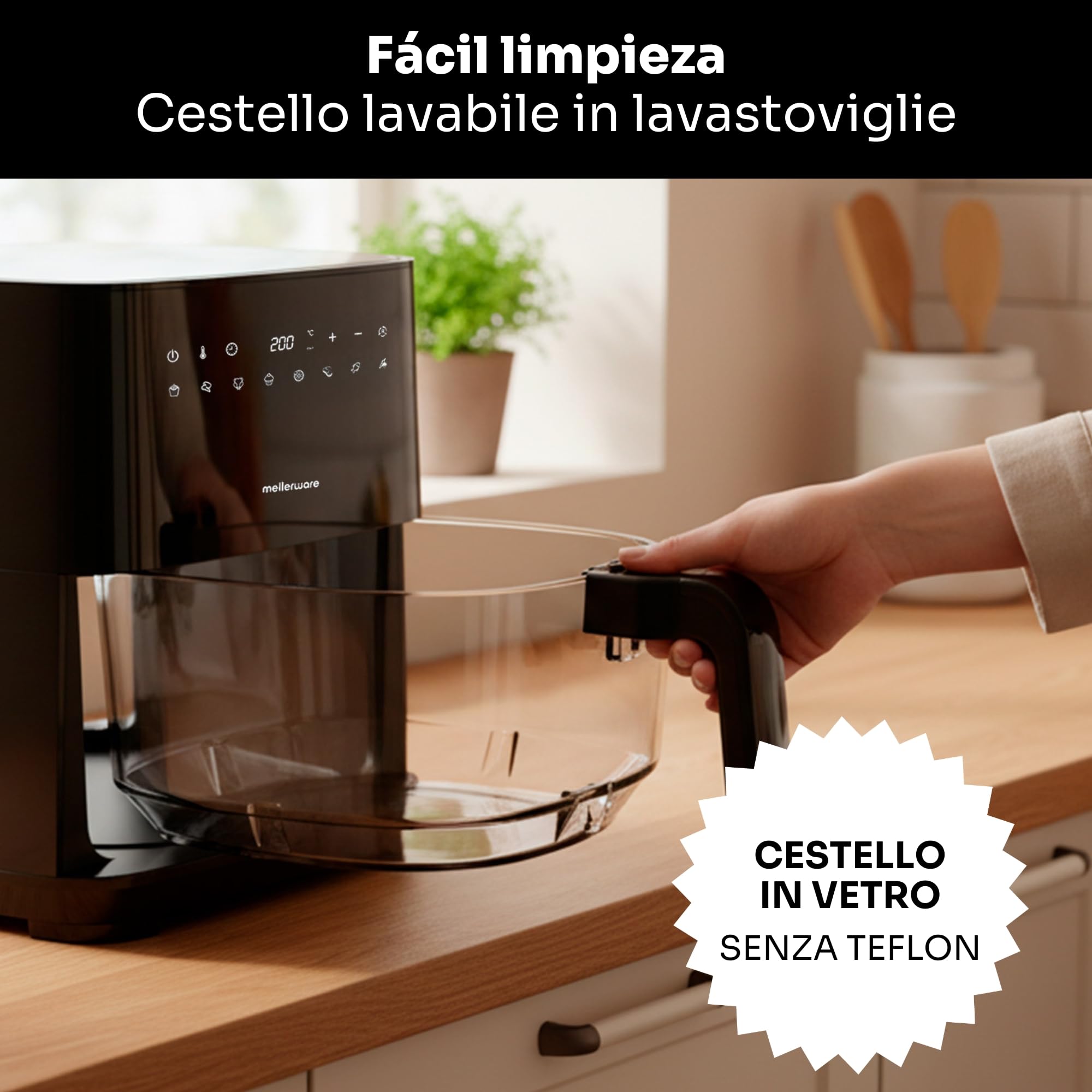 MELLERWARE - Friggitrice ad aria 1450 W | Cestello vetro 4,5 L | 9 programmi + preriscaldamento | Schermo tattile | Temp 80-200 °C | Timer 60 min | Lavabile in lavastoviglie