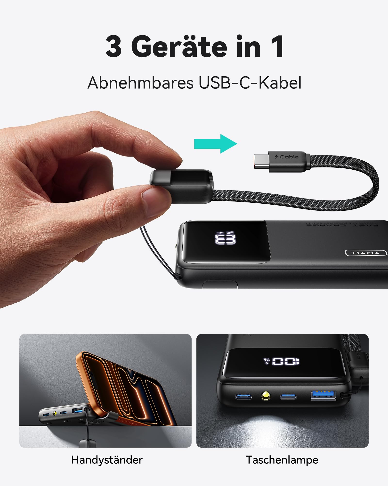 INIU Mini Power Bank, 10000mAh 45W Schnellladefunktion Powerbank mit USB C Kabel, Klein Externe Handyakkus für Reise Gadgets, Flight-Safe Ladegerät für iPhone 17 16 15 Pro Max Samsung S25 S24 etc