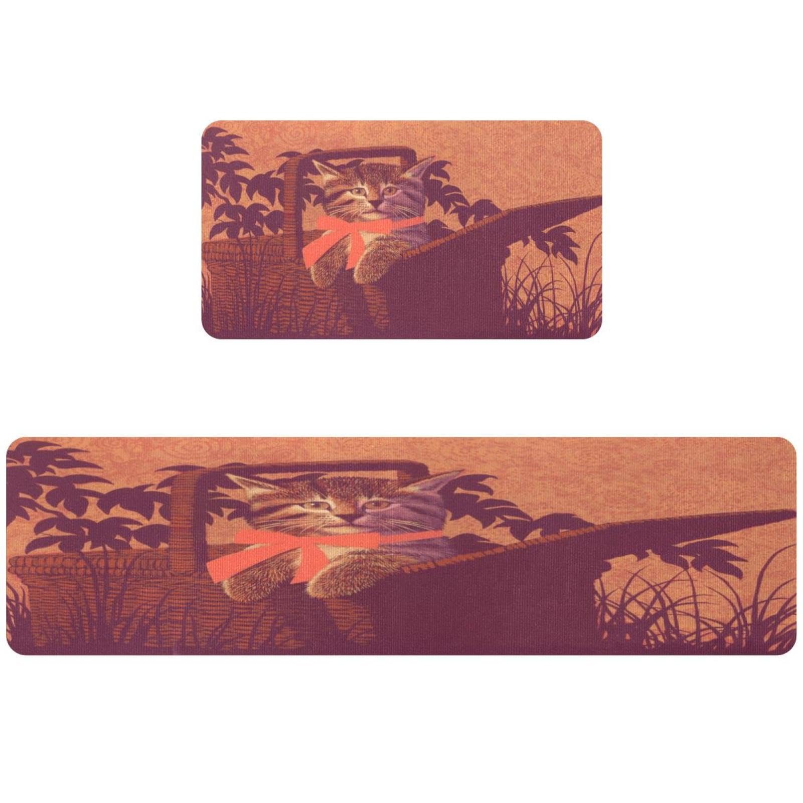 Alfombrillas de cocina VAPOKF con diseño de gato rojo, juego de 2 alfombras lavables y absorbentes