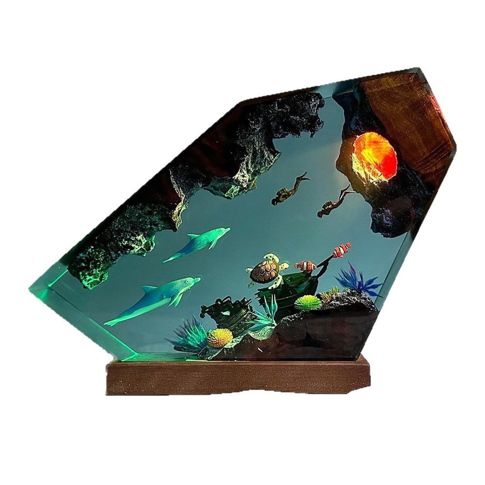3D Harz Ozean Tier Figuren Nachtlicht,Epoxidharz Ozeanfigur Ornamente mit Holzsockel,Marine Statue Dekoration,LED Ozean Nachtlichter Unterwasser Szene Taucher Hai Wale Schildkröte (Warmes Licht)