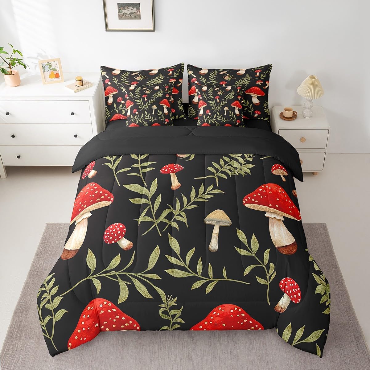 Feelyou Green Frog 7 Pieces Bedding Set Kids Cute Kawaii Queen Comforter Set with Sheets Tropical Amphibian Bed in a Bag for Women Men Room Decor Animal Print Bed Set