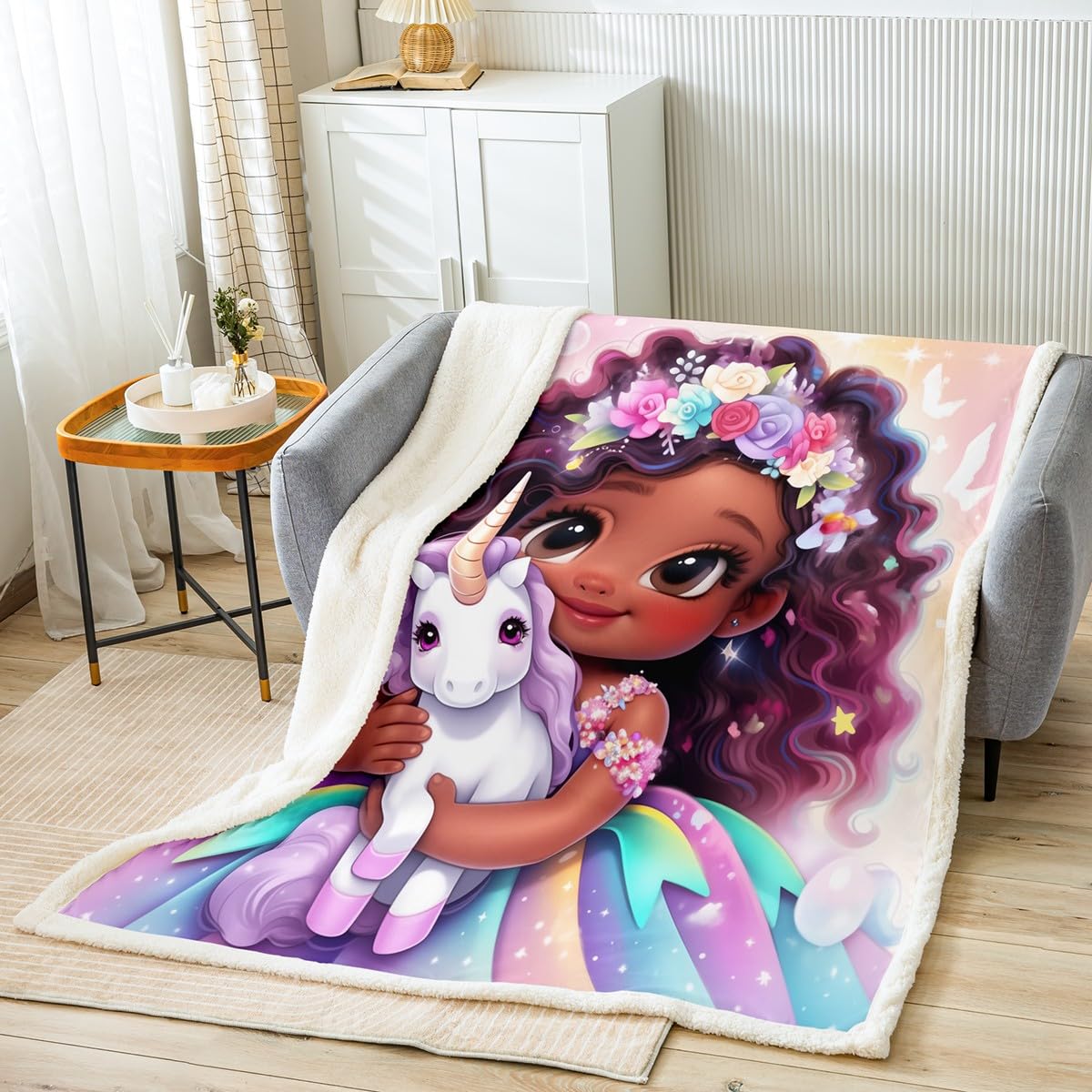 Manfei Girl Unicorn Throw Blanket Cute Black Little Girl Bed Blanket for Kid Princess Adults, Cartoon Unicorn Flower Girl Blanket for Couch Sofa, Soft and Breathable Fleece Blanket(30 x 40 Inches)
