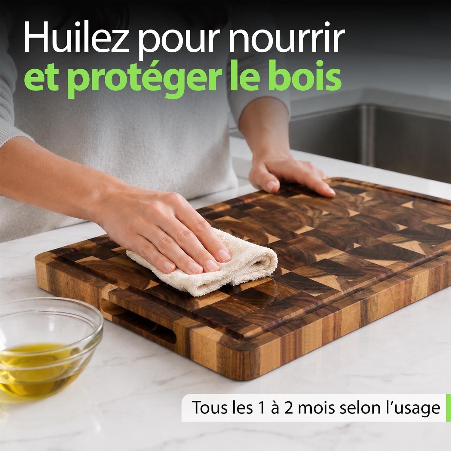 Novaki Planche à Découper Acacia Premium 40x30x2,5 cm – Bois de Bout Naturel, Double Face avec Rainure à Jus et Poignées – Fabrication Responsable et Matériaux Durables