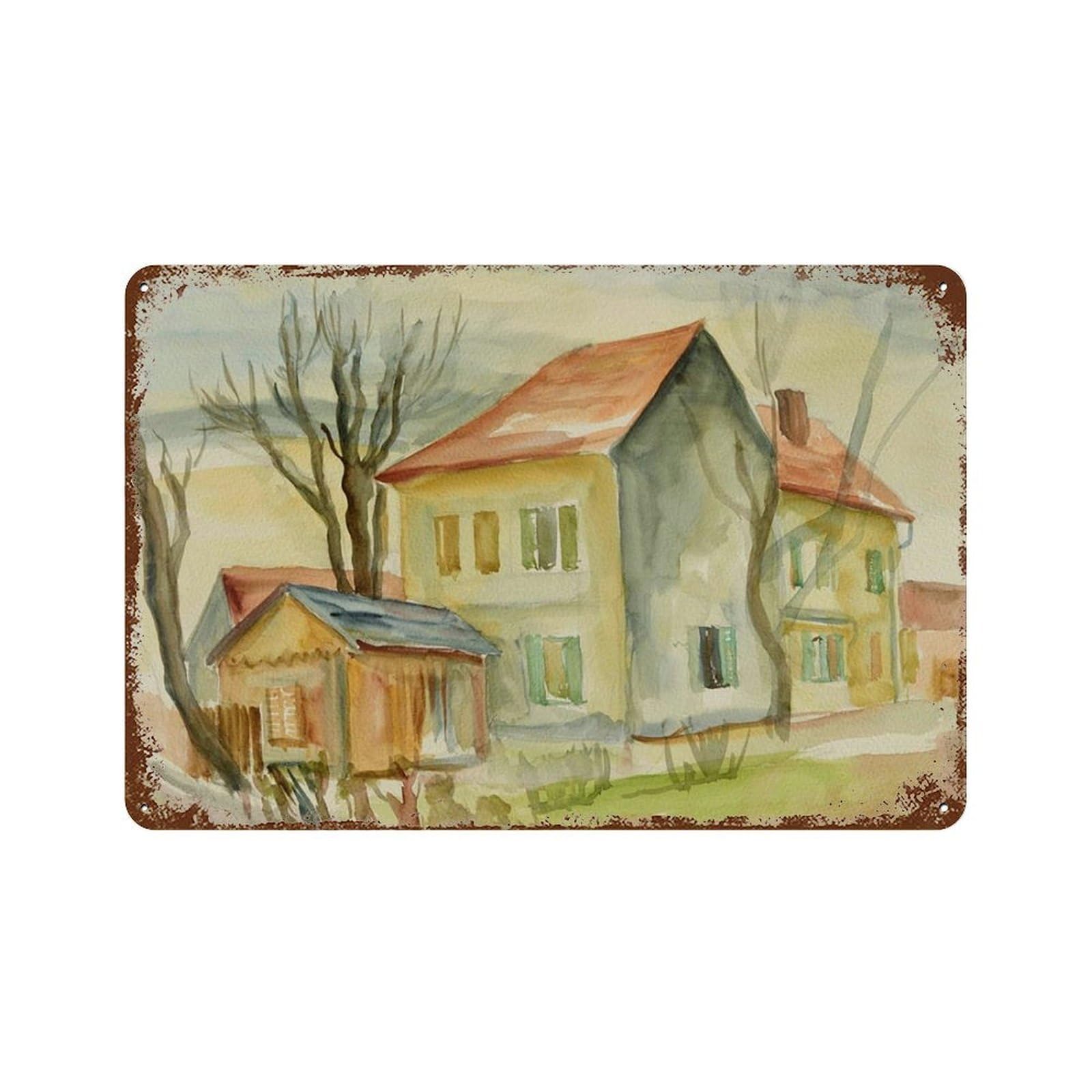 xiaoxiaoshen VINTAGE WATERCOLOR Landscape Painting, Spring, Country Farmhouse Wall Decor Art Metal Tin Poster Modern Home Decor Art Home Bar Shop Decorations Vintage Sign 20x30cm