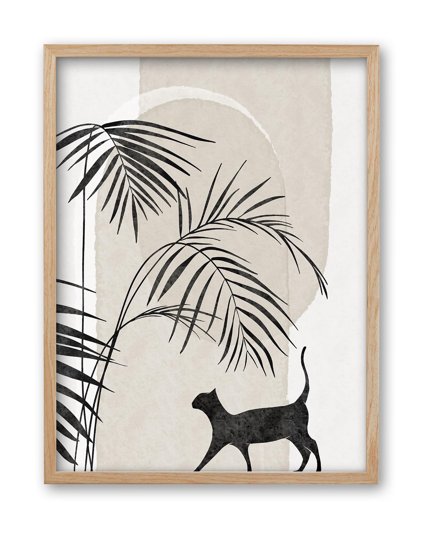 iHery Natural OAK Wood Boho Botanical Framed Wall Art, 12x16 in Minimalist Black Cat Drawing Bohemian Canvas Wall Decor, Abstract Poster Prints