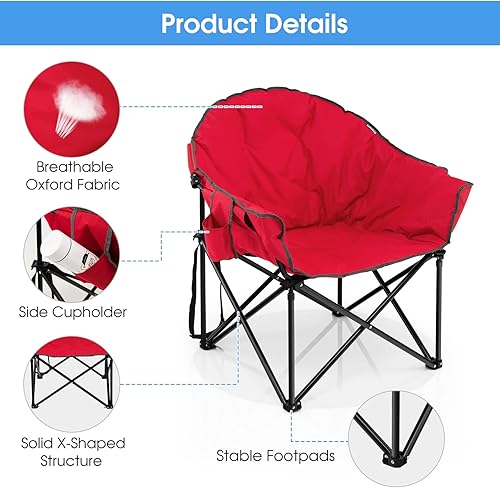 Miniatura 8 de Giantex Silla de camping portátil, silla de césped, silla plegable al aire libre con soporte para tazas, asiento suave, (rojo)