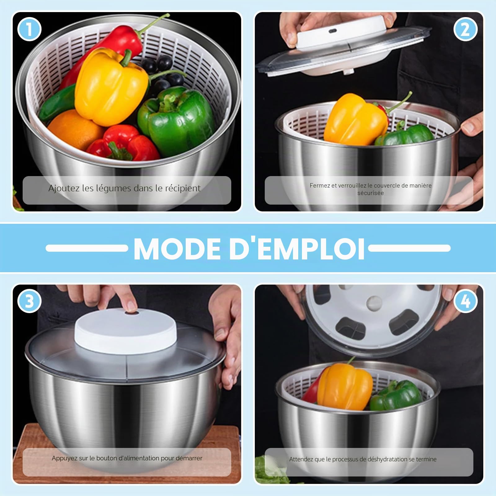 Essoreuse à salade, en acier inoxydable, 4,5 l, avec essorage automatique, fond antidérapant et rechargeable par USB, séchoir à fruits/légumes avec couvercle, grande salade spinner pour salade