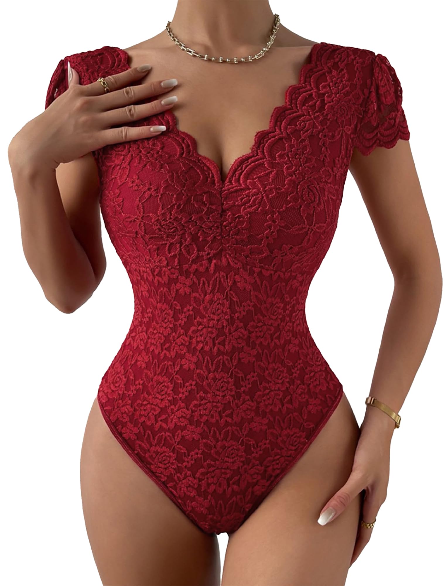 Maeau - Body Transparente Encaje Mujer Cuello en V Profundo Floral Sexy Mono Mangas Corta XS-L