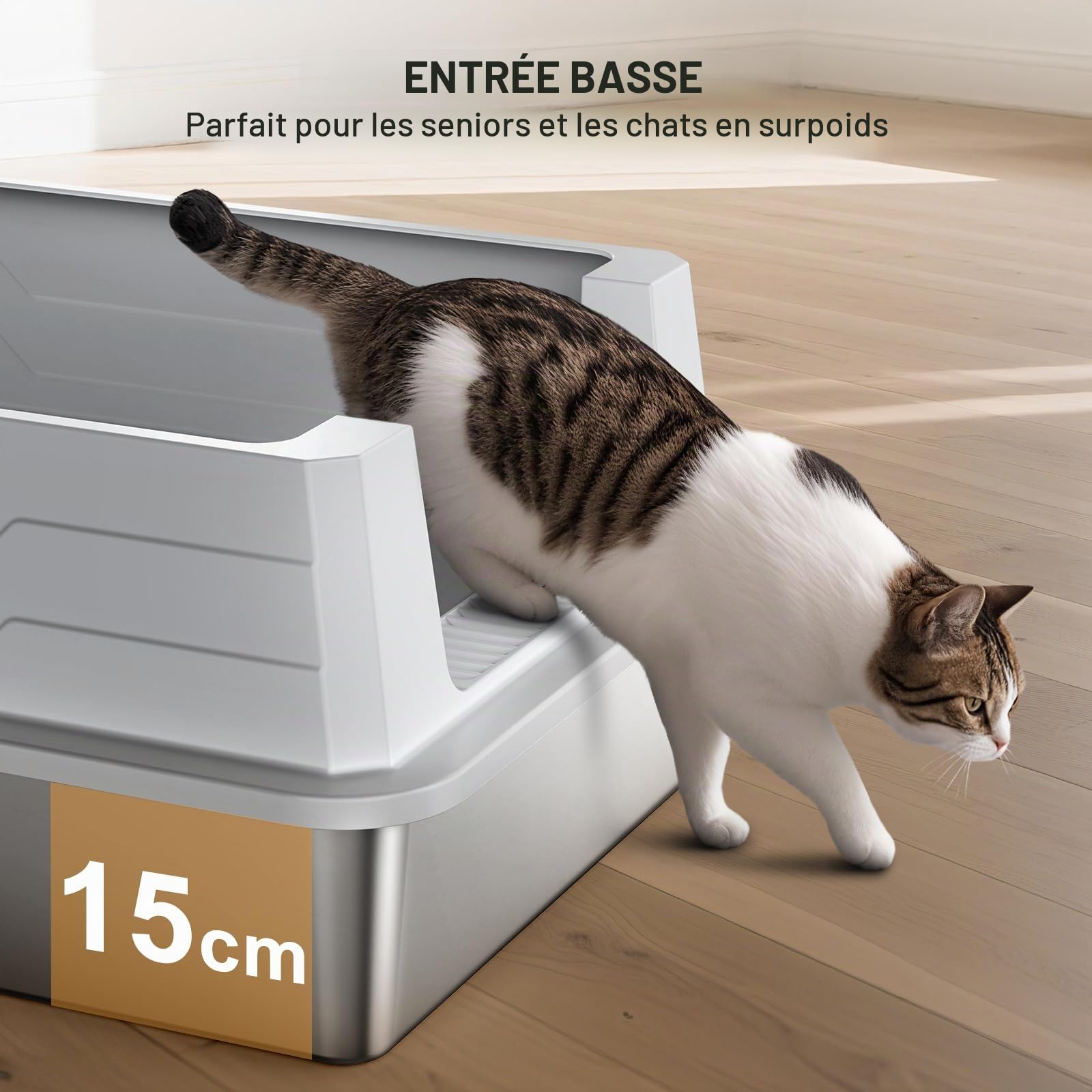 MIXJOY Bac à litière pour chat XXXL en acier inoxydable - Extra large - 71 x 51 x 30 cm - Convient pour les grandes races de chats et les foyers à cathédrales multiples - Modèle grand format à bords