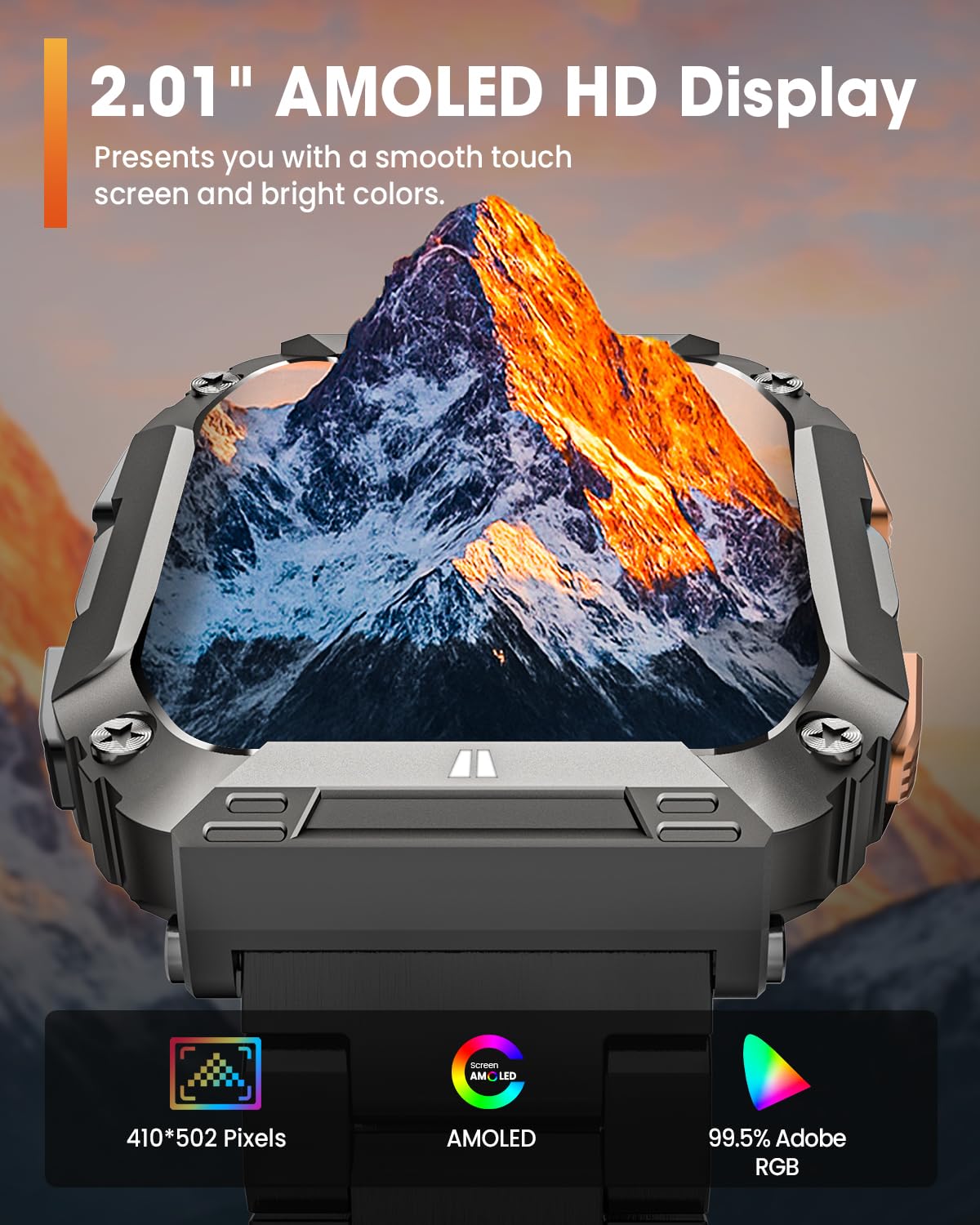 Montre Connectée Homme avec LED Lampe/1000mAh Batterie, 2.01" AMOLED Smartwatch Militaire avec Appel Bluetooth, 113 Modes Sportifs, 5 ATM Étanche, 24/7 Fréquence Cardiaque/Sommeil Android iOS