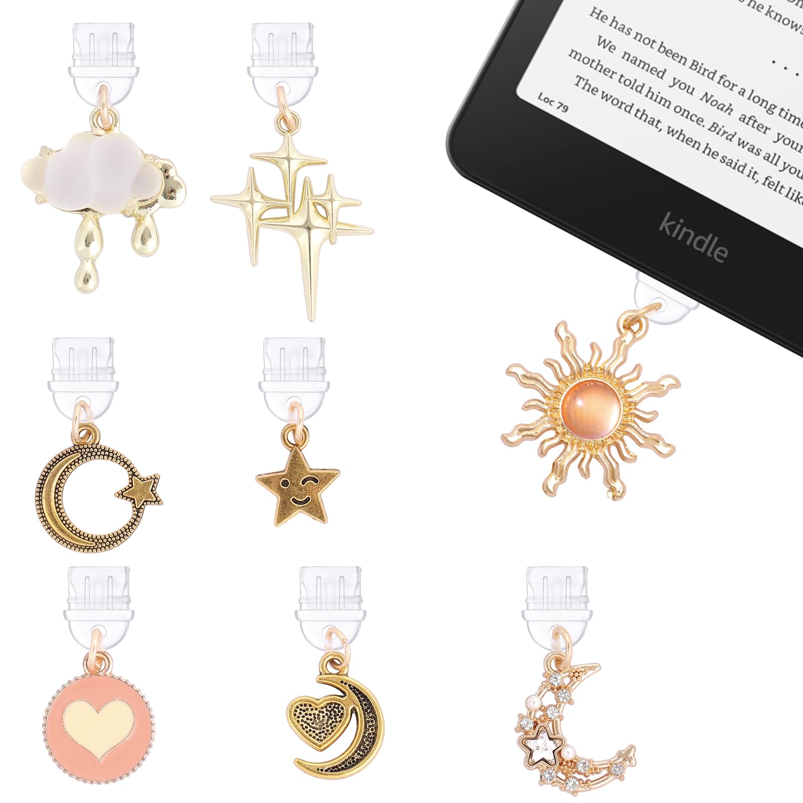 TAKEALOOKO Star Moon Dust Plug Charm - 8 Pcs Pendants for Kindle Type C/USB C Charging Port Protector, Cute Pendant Gift for E-Reader Book Lover Women Teachers Students Accessories