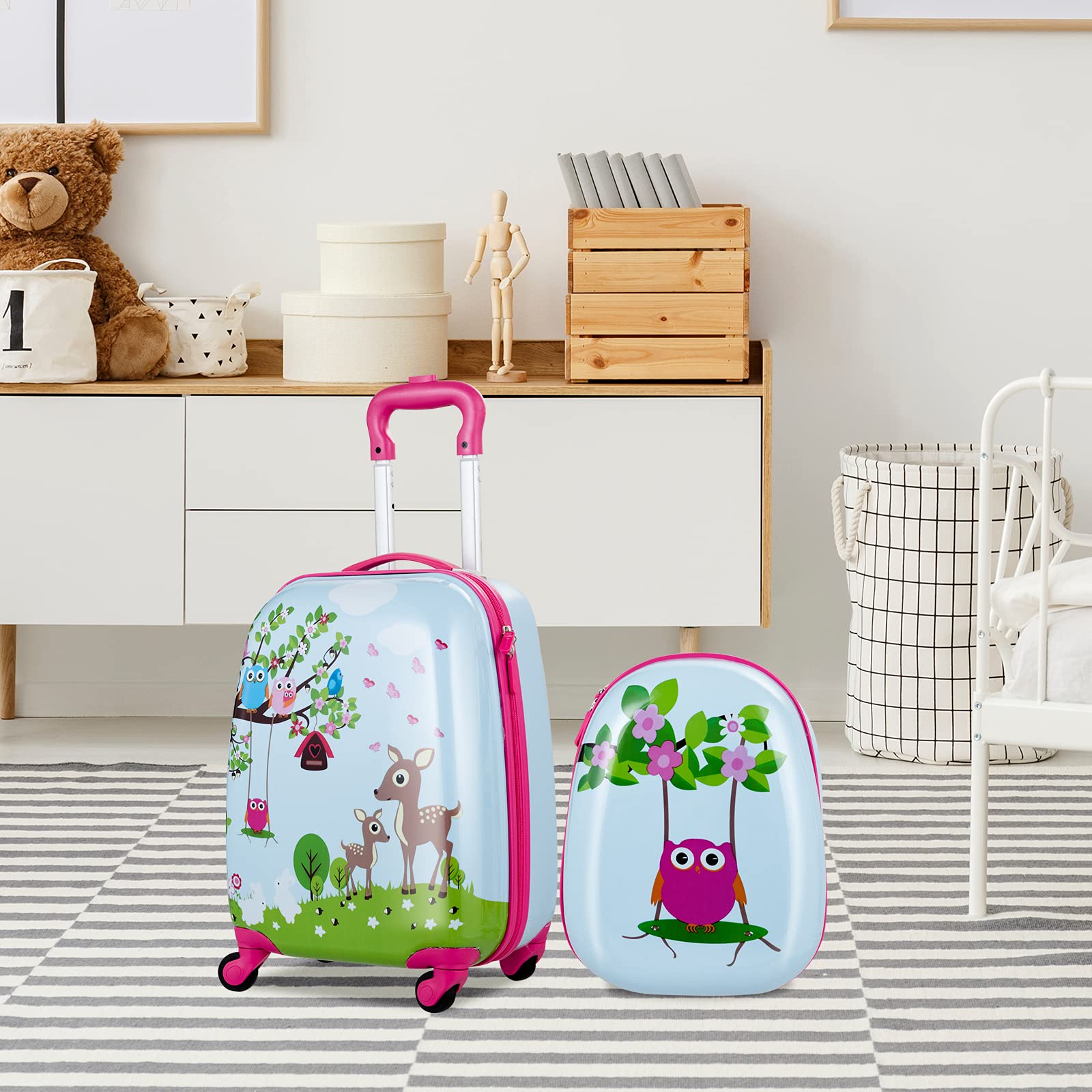 COSTWAY 2tlg Kinderkoffer + Rucksack, Kindertrolley aus Kunststoff, Kindergepäck, Kinder Kofferset Handgepäck Reisegepäck Hartschalenkoffer für Jungen und Mädchen (Eule, 12"+16")