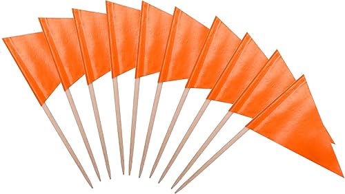Banderas de color naranja sólido para cupcakes, mini palillo de dientes en triángulo naranja liso, decoración de color en blanco (100 unidades)