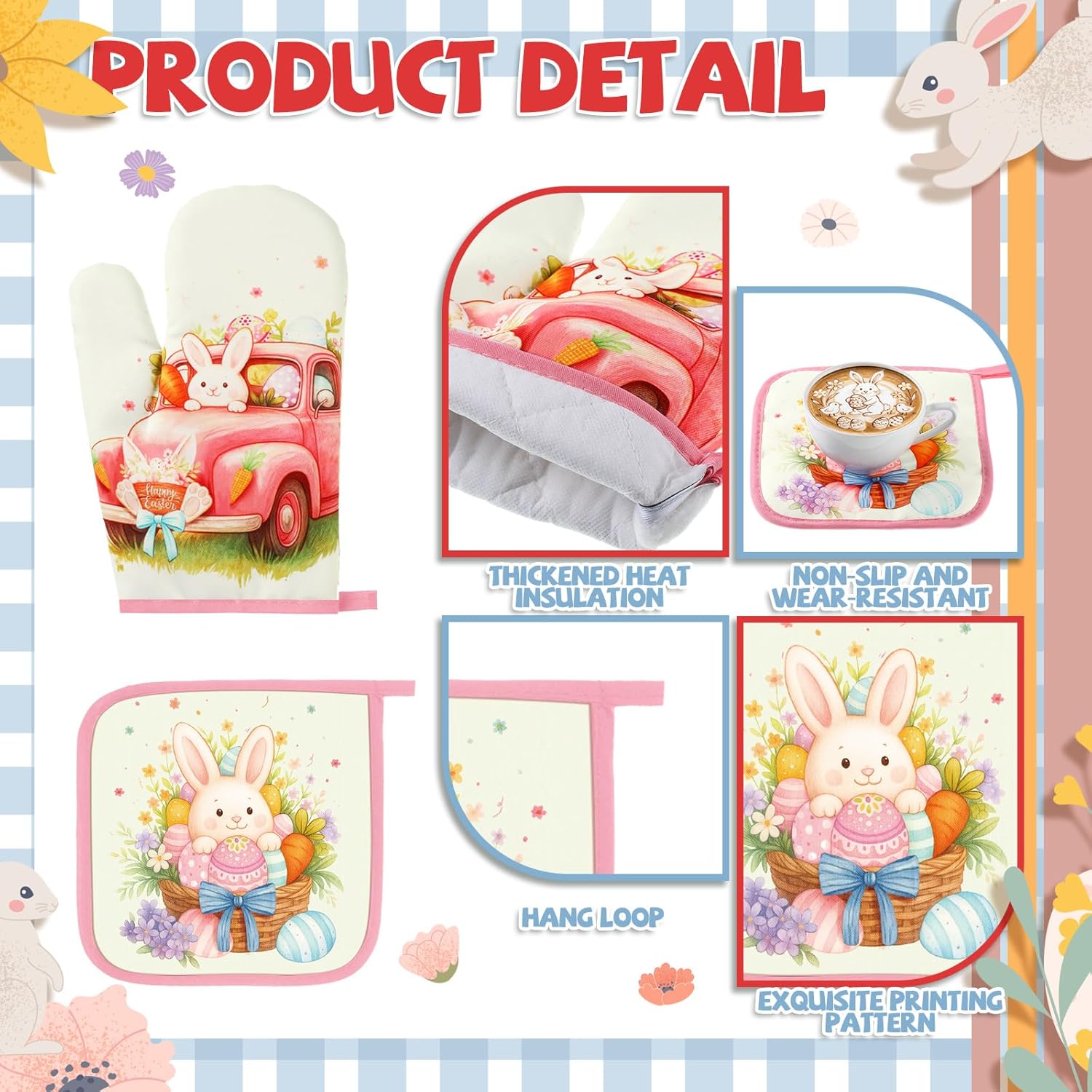 Fanfanwin 10 Pcs Easter Kitchen Decor Set Bunny Kitchen Towels and Rugs Oven Mitts Pot Holders Absorbent Towels for Baking Cooking BBQ Gifts Home Decor