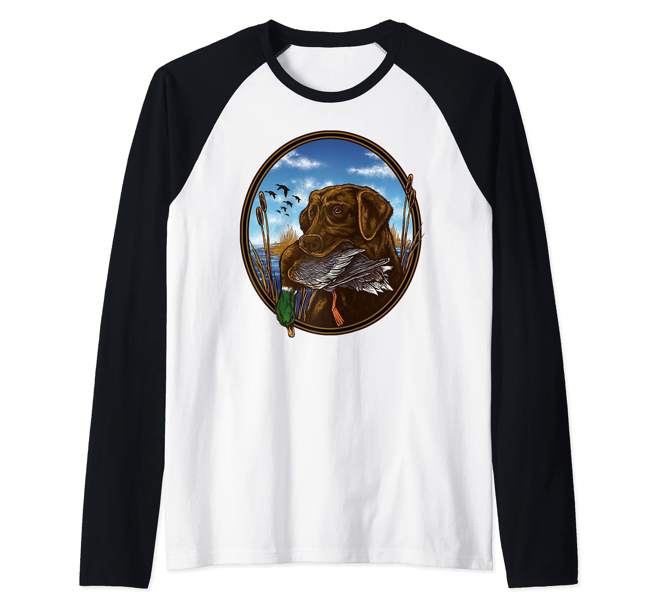 Labrador Retriever with Mallard Duck Hunting Raglan Baseball Tee, Black