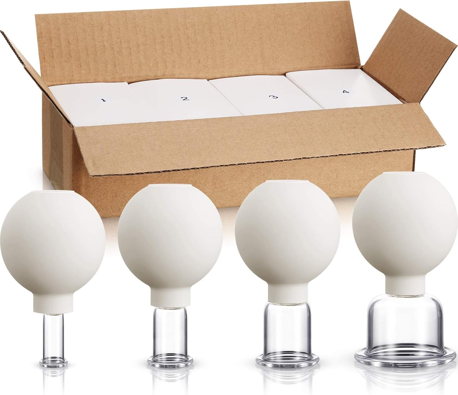 4 Pi&egrave;ces Verre Cupping Set Verre Silicone Cupping Tasses Massage Aspiration Cupping Tasses pour Corps Visage Jambe Bras Arri&egrave;re &Eacute;paule Muscle et Joint Douleur Blanc