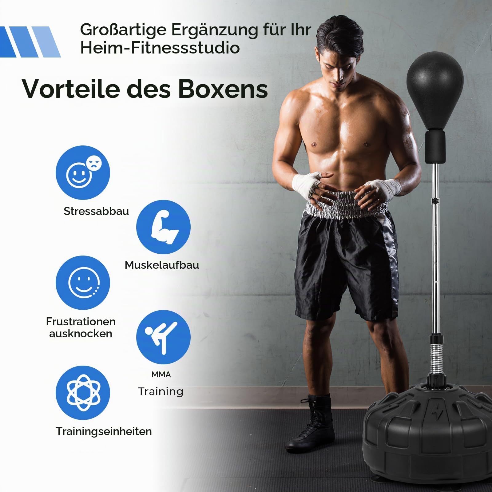 HOMASIS Punchingball mit Ständer, Boxstand 137–156 cm höhenversetllbar, Speedball aus Kunstleder mit befüllbarem Boxsackständer & 6 Saugnäpfen, Standboxball mit Boxhandschuhen für Boxtraining