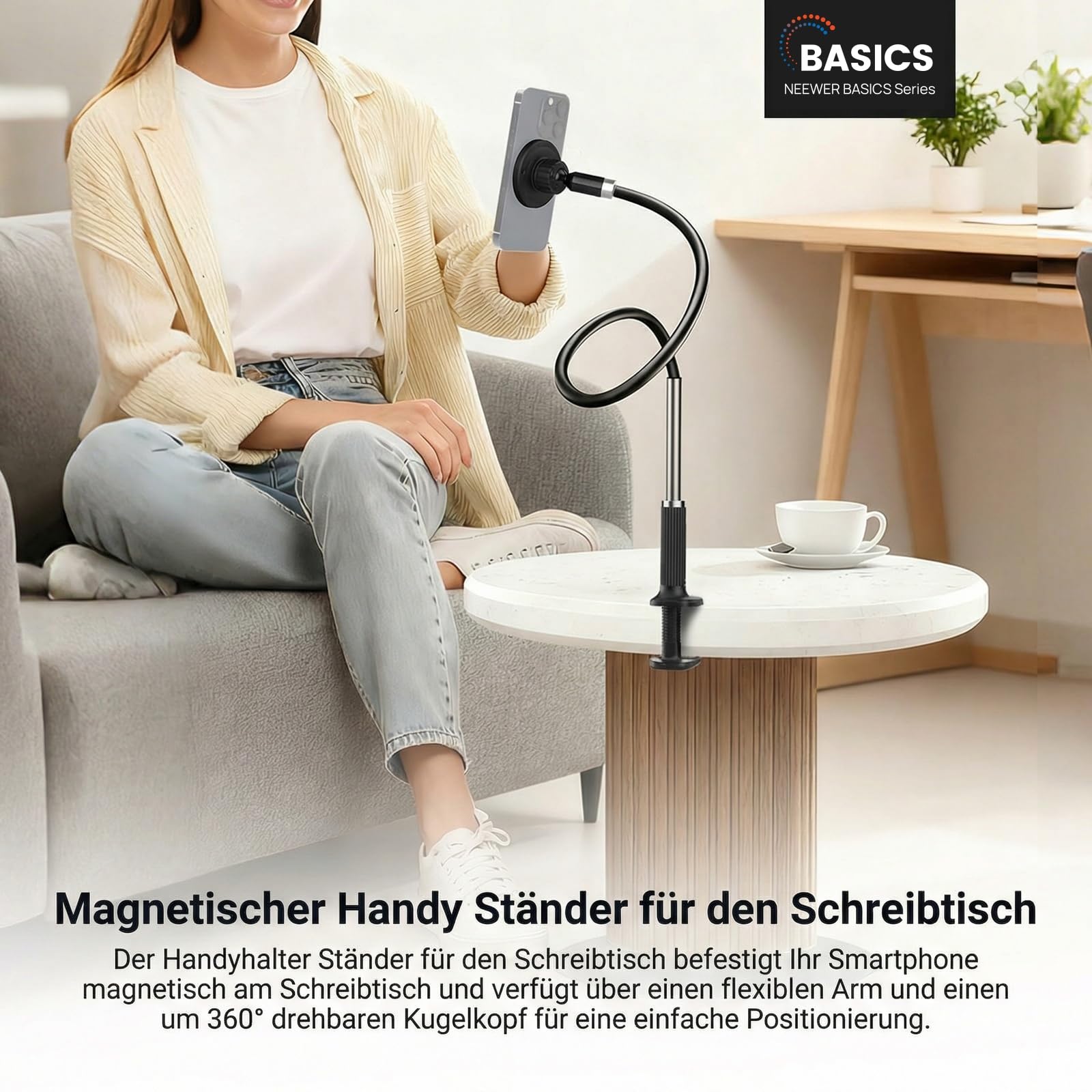 NEEWER Basics Handy Halterung magnetischer Schwanenhals Tisch Bett, 360° Overhead Phone Halter Klemme mit Flexible Lang Arm Handy Ständer, kompatibel mit MagSafe iPhone Android Samsung, PA151 Schwarz