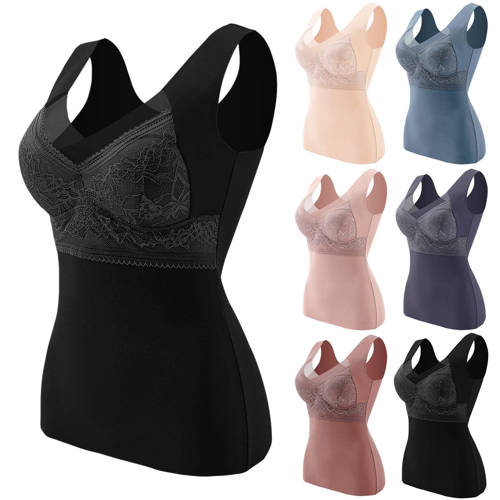 T-shirts thermiques sans manches pour femme avec soutien-gorge intégré non amovible avec col en V, gilet, sous-vêtements doublés en polaire, débardeurs thermiques, sous-vêtements en dentelle