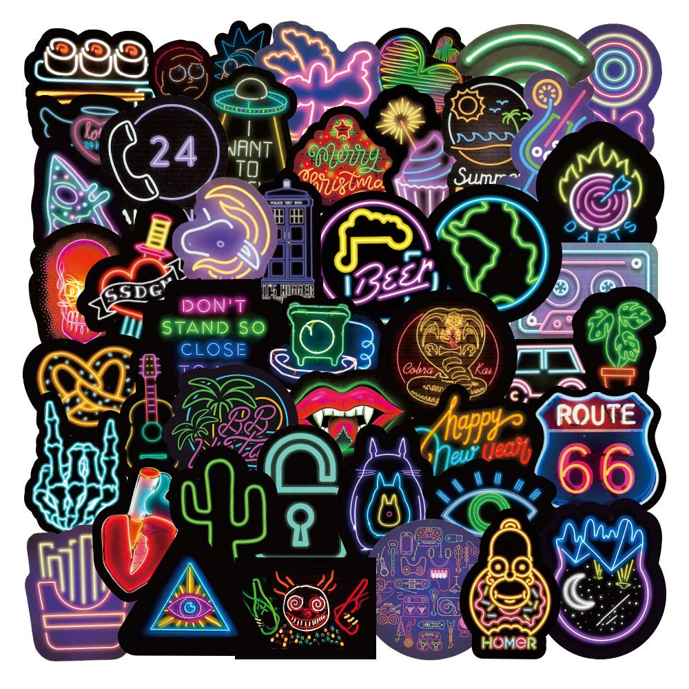 100pcs Neon Stickers, Vinyl Waterproof Neon Sign Light Style Cool Stickers Pack for Water Bottle Laptop Phone Computer Luggage Guitar, Neon Decals for Kids Teens Adults(Neon Stickers)