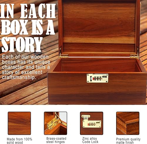 Miniatura 4 de Caja de madera grande decorativa de madera con cerradura de combinación con tapa con bisagras, caja de acacia con cerradura para recuerdos, objetos