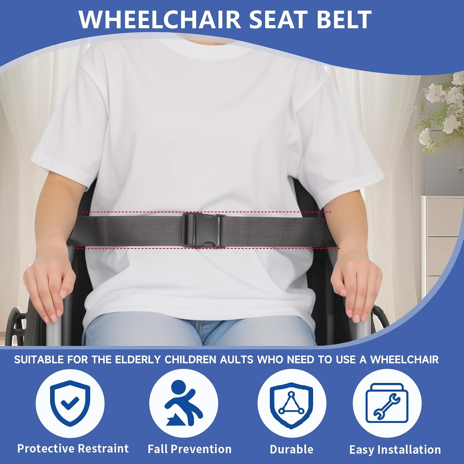 Wheelchair Safety Strap Seat Belt，82'' Adjustable Wheelchair Fixation Lap Strap with Easy-Clip Buckle, Resistant&Secure Universal Seatblet for Seniors/Adults/Kids (Black)