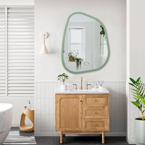 Miniatura 196 de Espejo de pared irregular de 26 x 18 pulgadas, espejo de baño grande asimétrico con marco de madera, espejos decorativos artísticos modernos