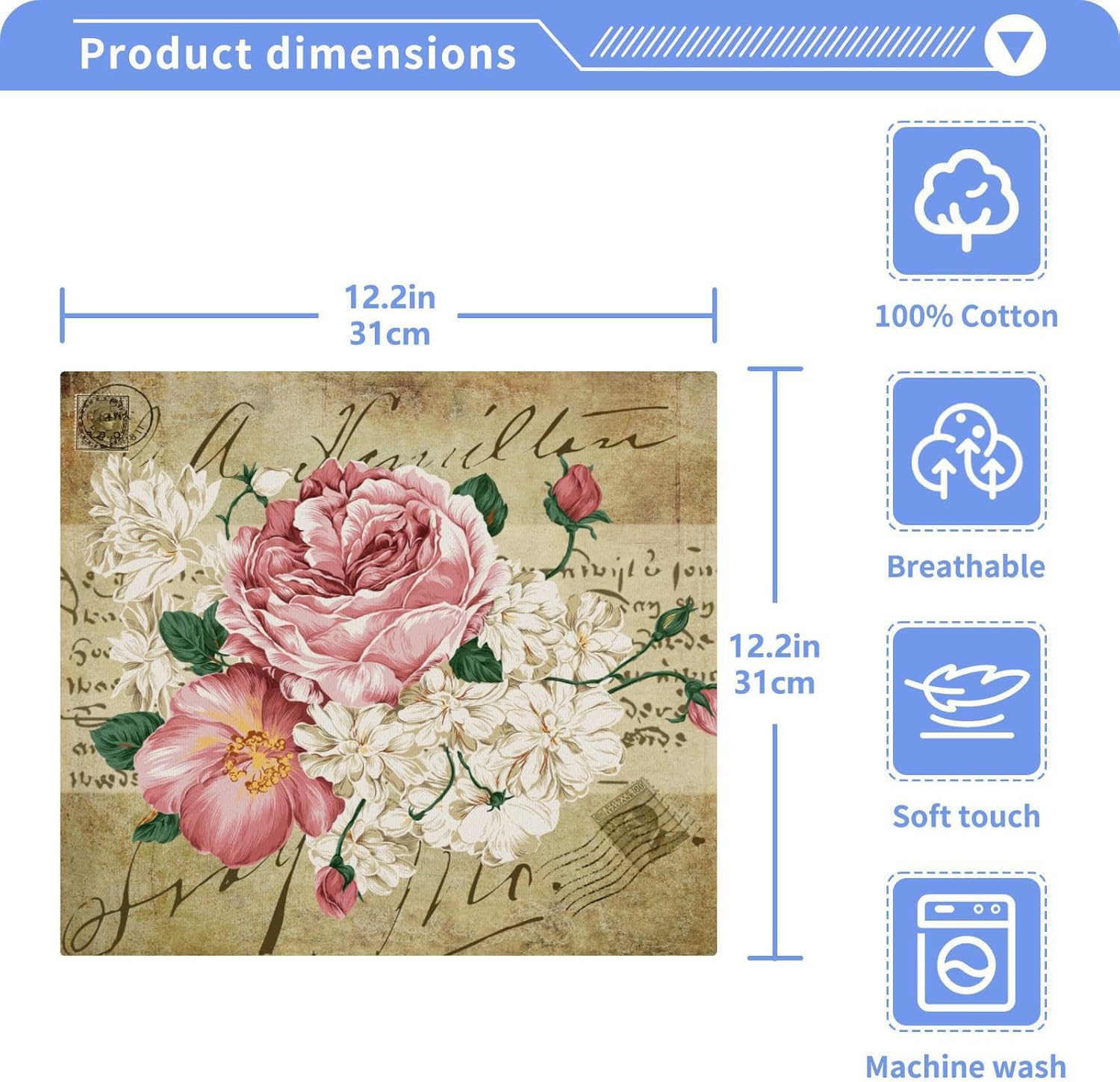 Roses Cotton Washcloths,Vintage Shabby Chic Pink Rose Flowers Fingertip Towel Face Cloths Absorbent Wash Cloths Quick Drying Bath Cloths for Bathroom,Spa,Gym,Kitchen,12 x 12 Inch,Set 6