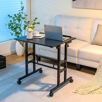 MEDIMALL Sit-Stand Computer Desk, Mobile Laptop Cart with Adjustable Height, Universal Wheels & 2 Tilting Desktops, Standing Home Office Workstation, Black