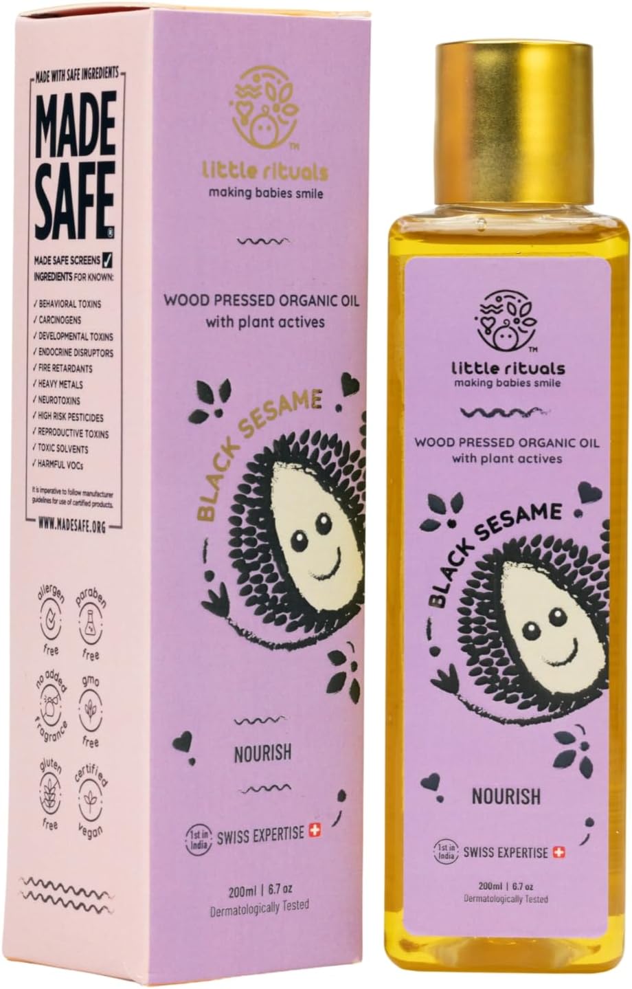 Little Rituals BLACK SESAME - BABY MASSAGE OIL Certified Organic, Wood Cold-Pressed for Skin and Hair with SWISS Plant Actives - 200 ml. Dermatologist Tested by Pediatrics, Mild & Gentle & Safe
