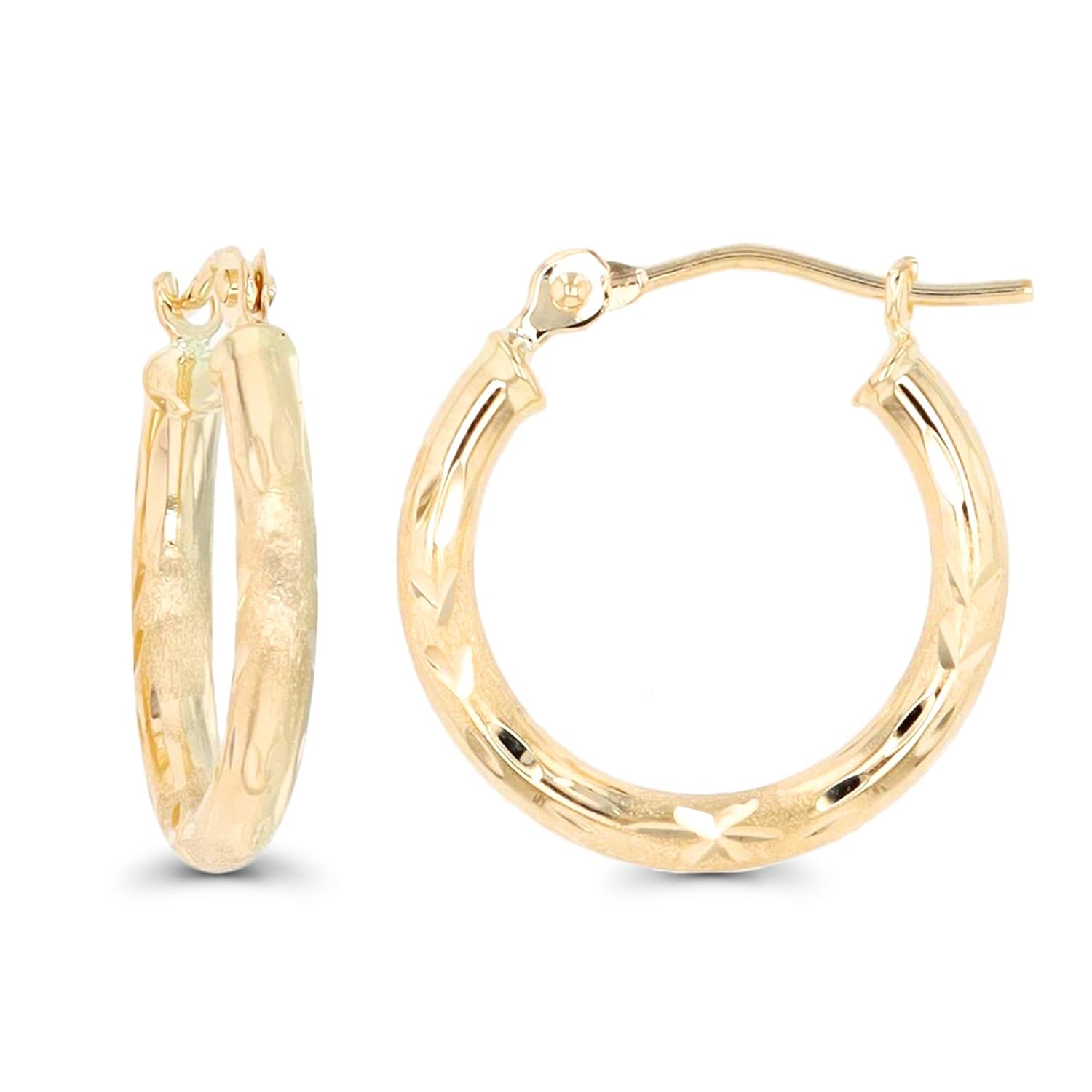 Solid 14K Yellow Gold Hoop Earrings with Hinged Clasp Bamboo Textured Diamond Cut Hexagon Square Round Shaped Design
