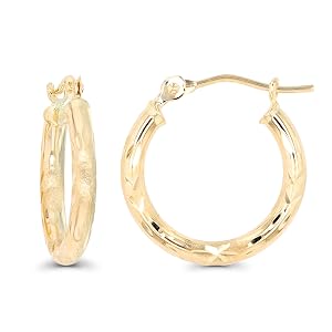 Solid 14K Yellow Gold Hoop Earrings with Hinged Clasp Bamboo Textured Diamond Cut Hexagon Square Round Shaped Design