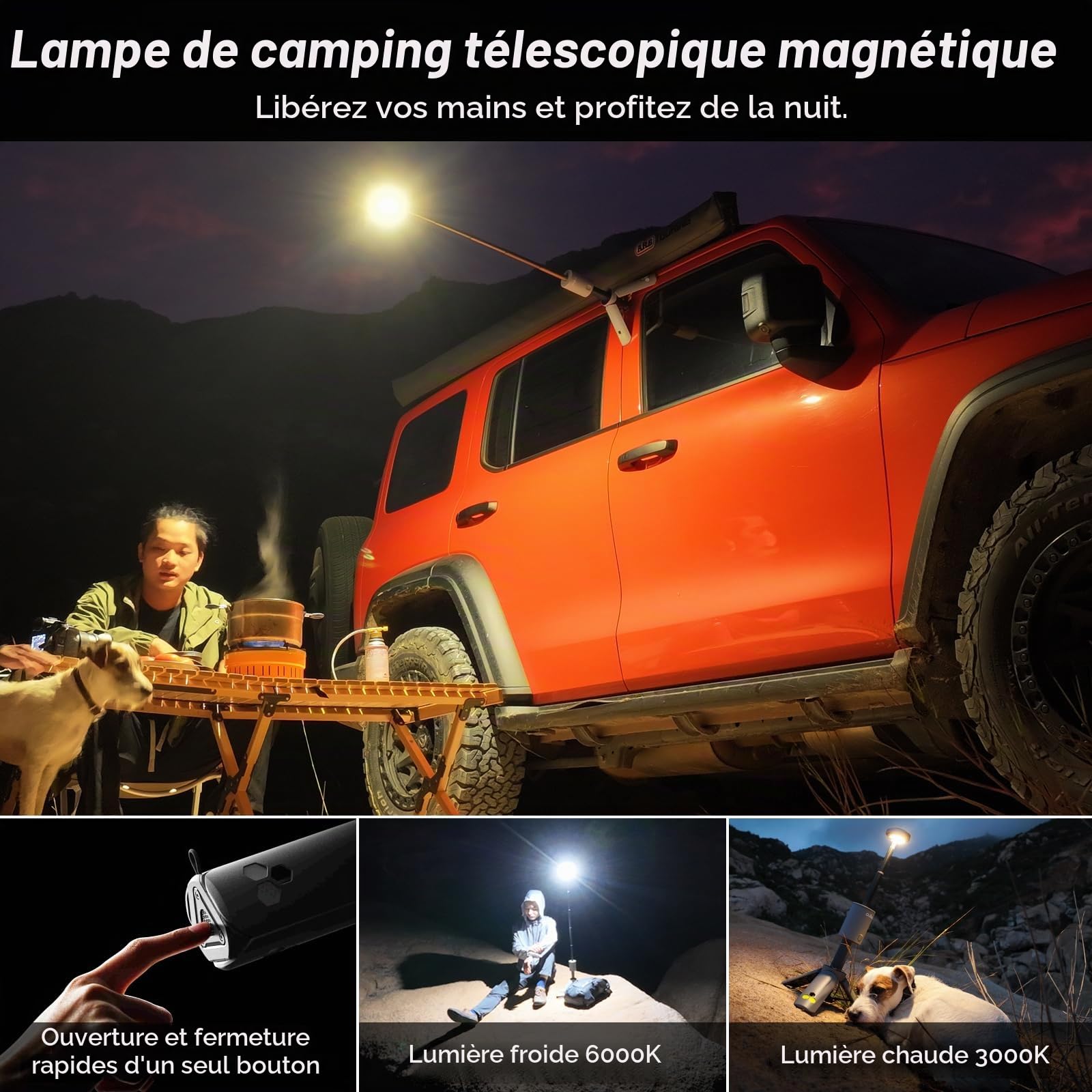 Outask Lampe de camping télescopique, lanterne magnétique pliable avec batterie de 12 000 mAh, lampes de poche télescopiques étanches IPX6/IPX7, lampe de camping pour urgence, camping, randonnée (gris