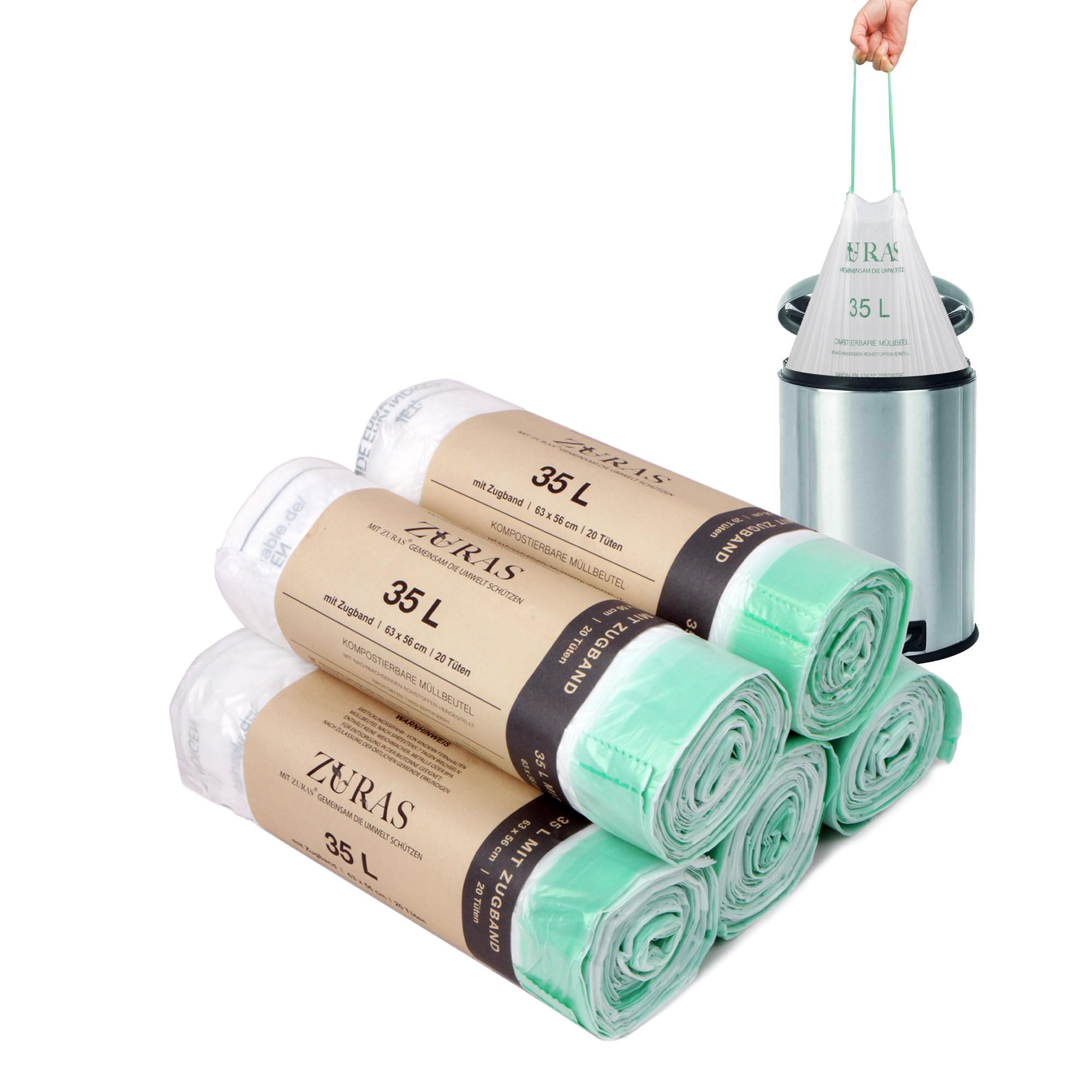 Sac poubelle compostable 35L biodégradable avec cordon résistant x100