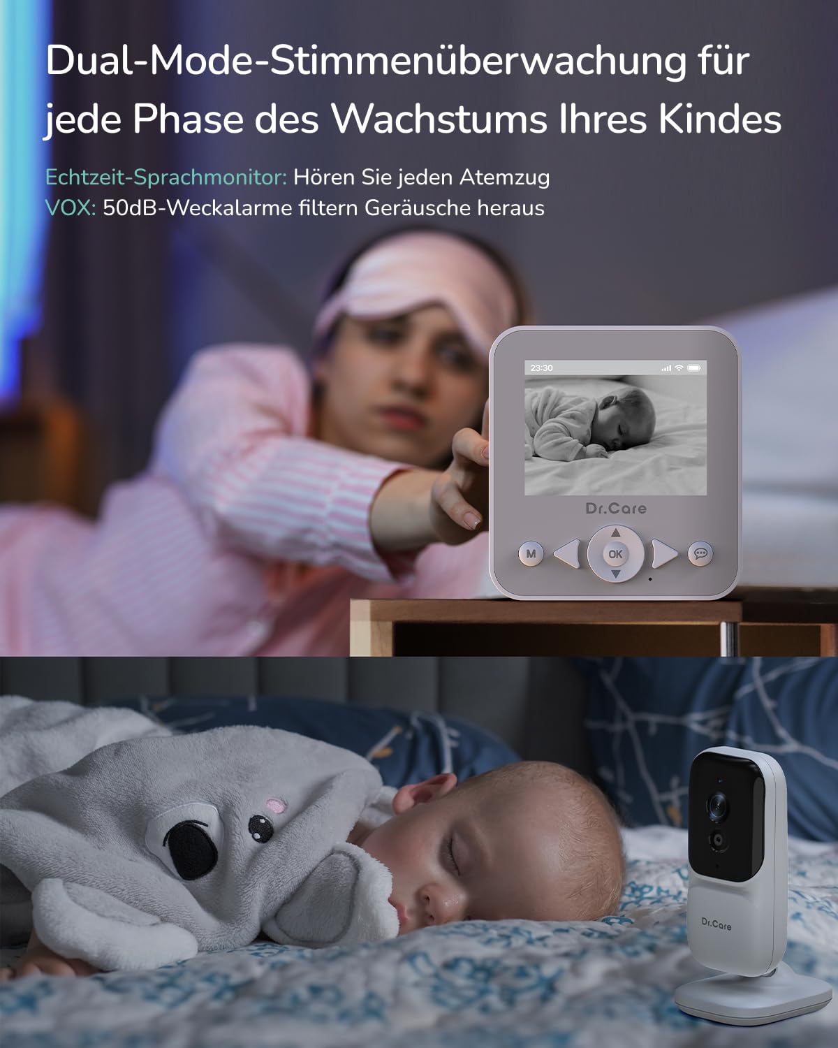 Dr.Care NeoView Video-Babyphone – 2,8" Display, 2-Wege-Audio, Video-Schleifenaufnahme, Nachtsicht, VOX, Temperatursensor, Schlaflieder, Gürtelclip, bis 128GB