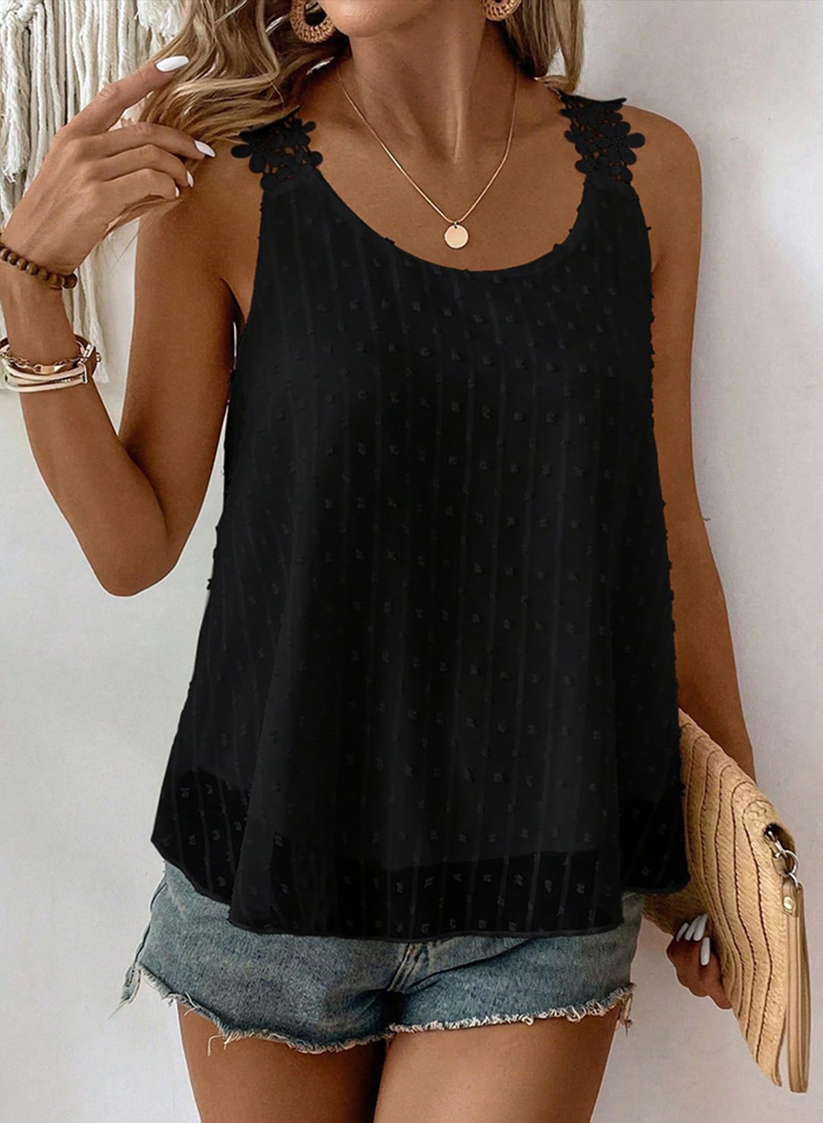 Canotta Donna Estiva Elegante Senza Maniche Girocollo Boho Camicia Casual Volant Abbigliamento Pizzo Floreale Canotte