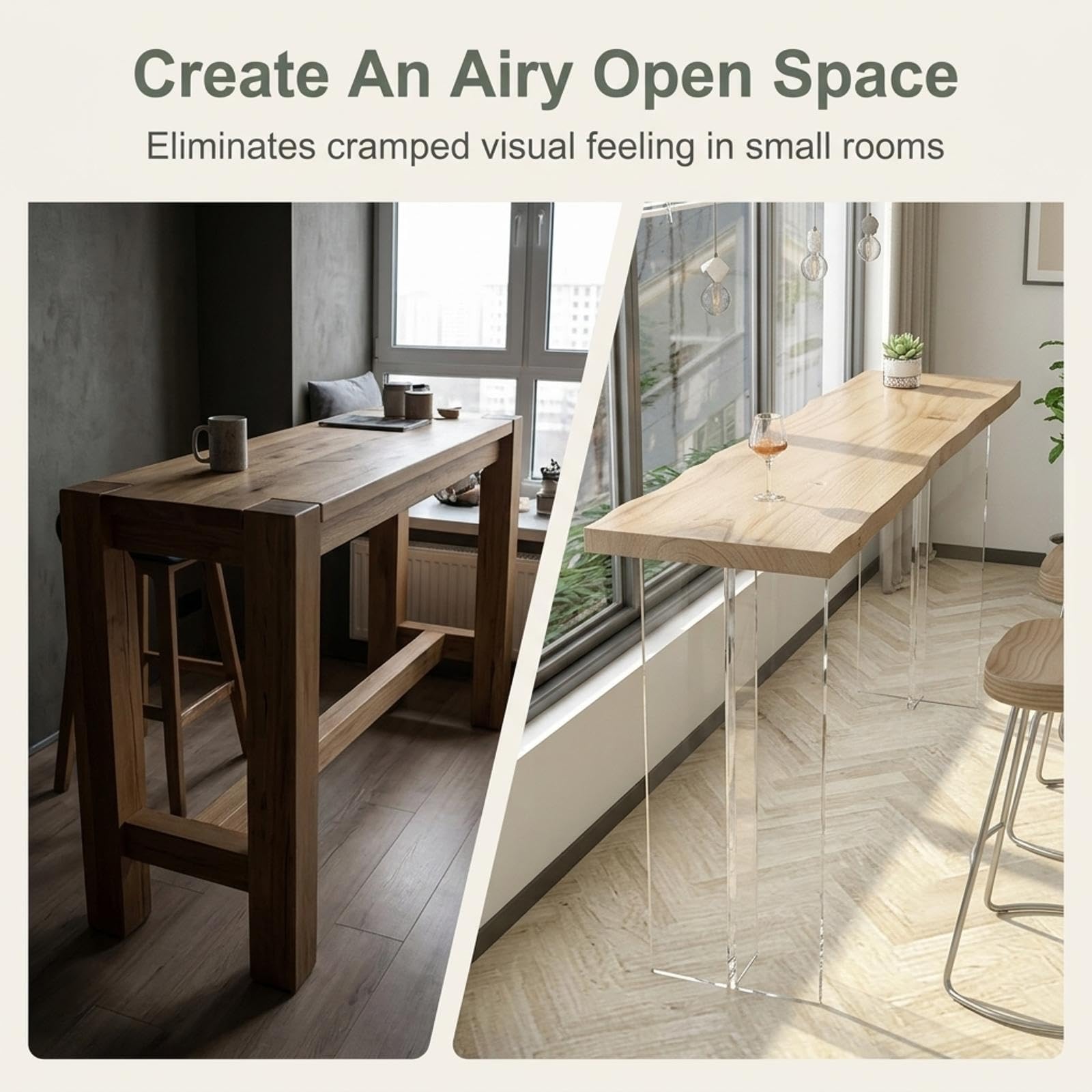 Table de Bar en Bois Massif avec Pieds en Acrylique Transparent