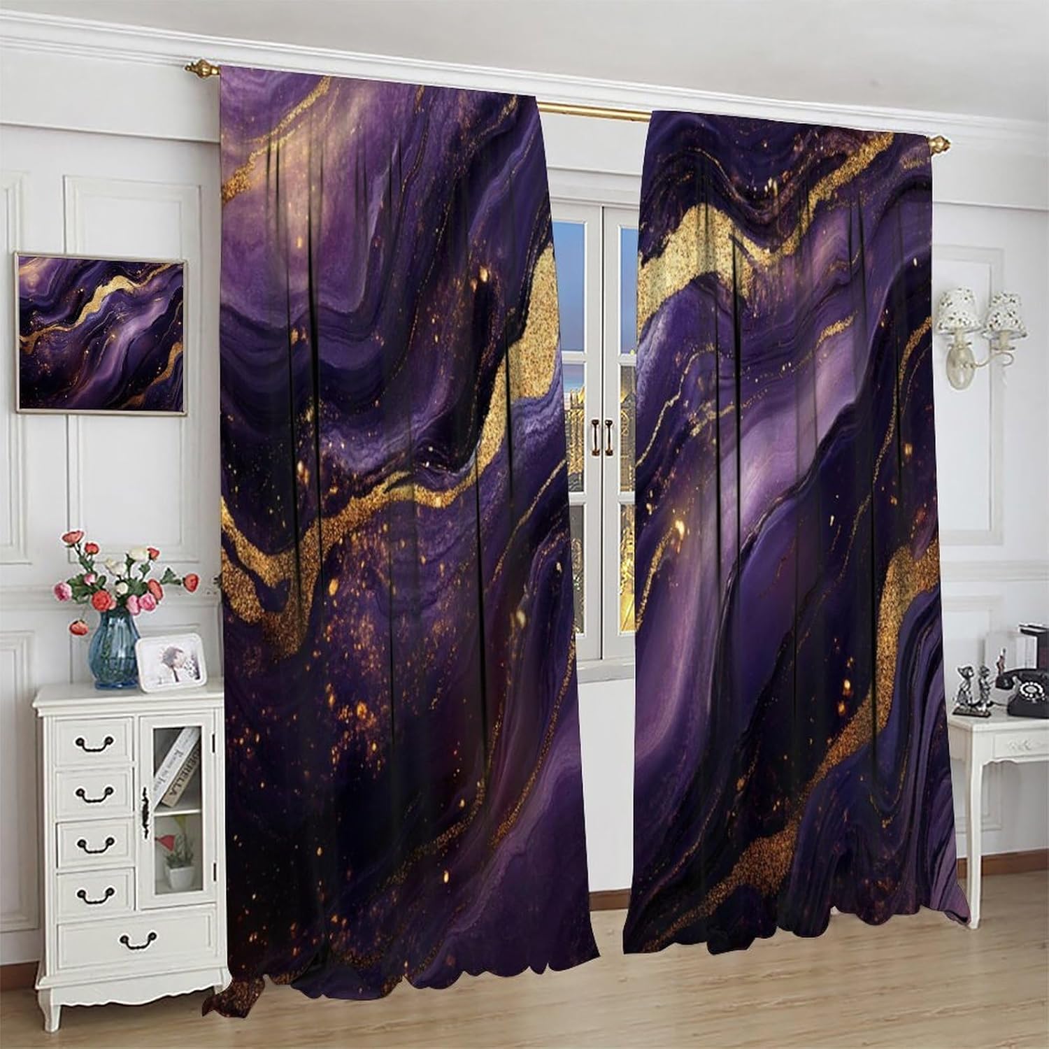 Purple Gold Marble Blackout Curtains, Luxury Modern Ink Vintage Abstract Art Pattern Rod Pocket Window Drapes, for Living Room Bedroom 63" W X 72" L