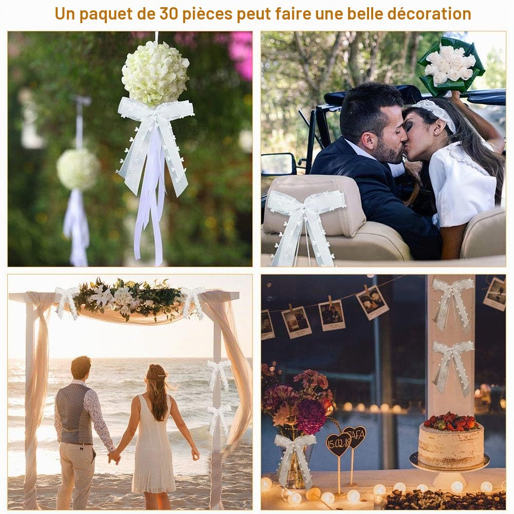 30 Pièces Noeud Voiture Mariage Blanc Décoration de Voiture de Mariage De Mariage Nœuds pour Satin Ruban Voiture Mariage pour Mariage Voiture Decoration Chaise Cadeau Wedding Crmonie Bouquet