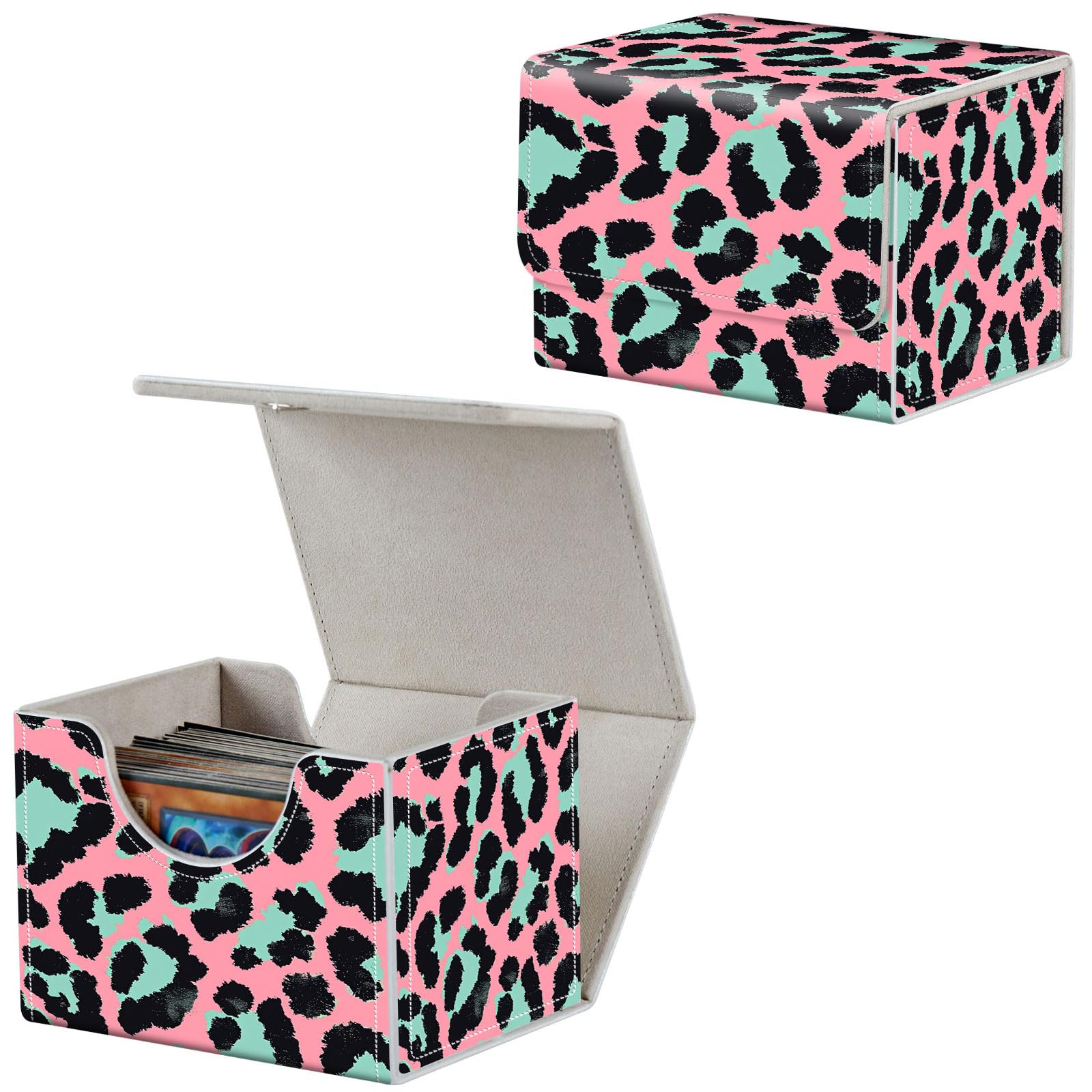 Qindaiwen Card Deck Box for MTG, Fits 100+ Single Sleeved Cards, PU Leather Trading Card Storage Box for TCG, CCG, MTG Cards, Strong Magnet Magic Gathering Deck Box, Leopard Print
