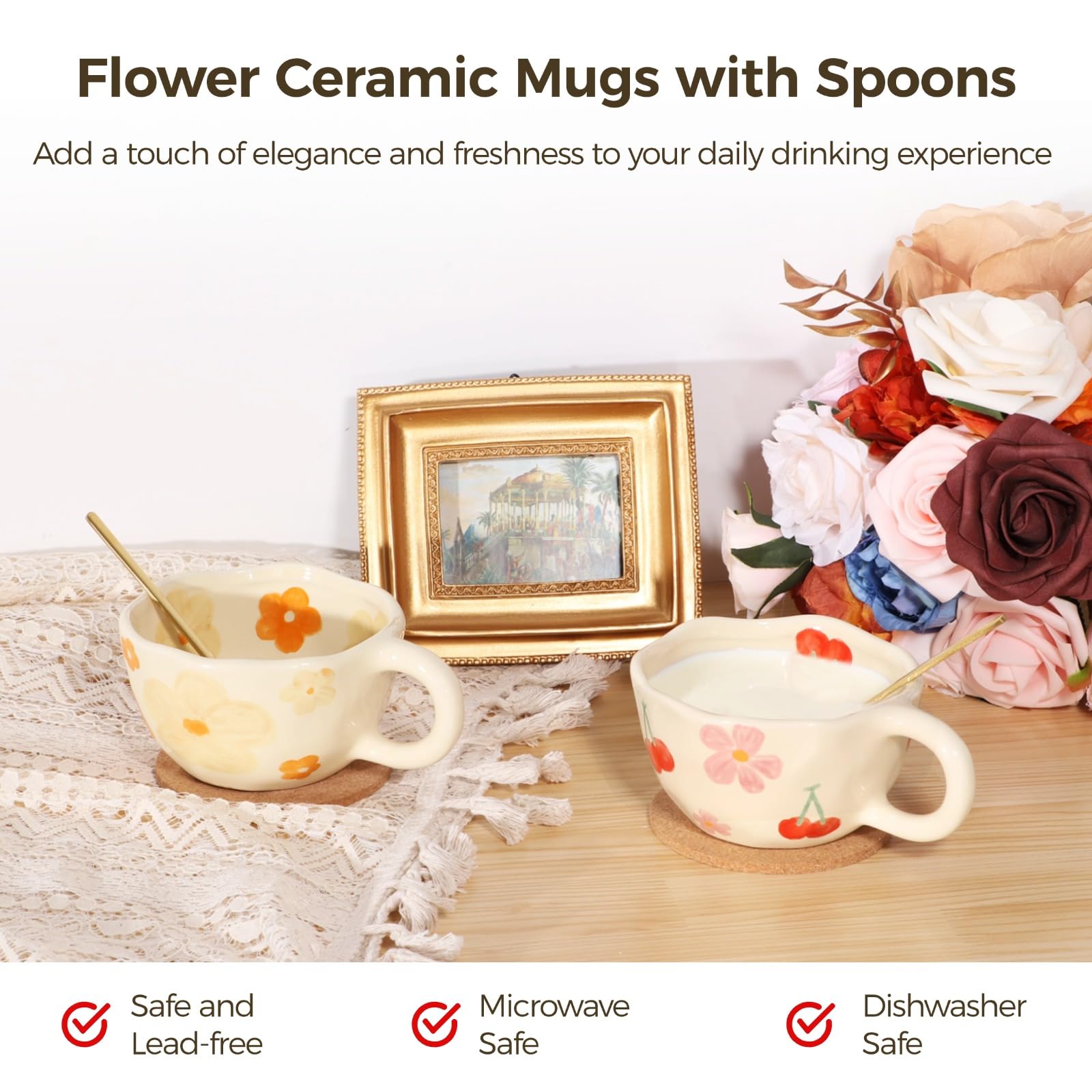 Homaisson Set di 4 tazze da caffè in ceramica con motivo floreale, 226,8 g, set di tazze da tè con cucchiai, graziose tazze da cappuccino, in porcellana, per caffè e latte, lavabili in lavastoviglie e