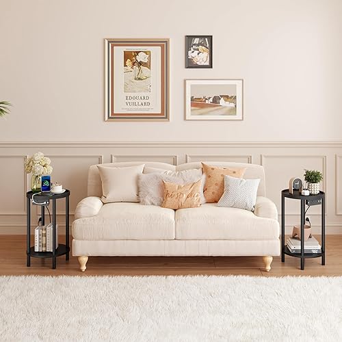 Miniatura 9 de HOOBRO Mesa auxiliar redonda pequeña con estación de carga, mesa auxiliar redonda de bambú de 2 niveles, mesa de noche compacta para espacio