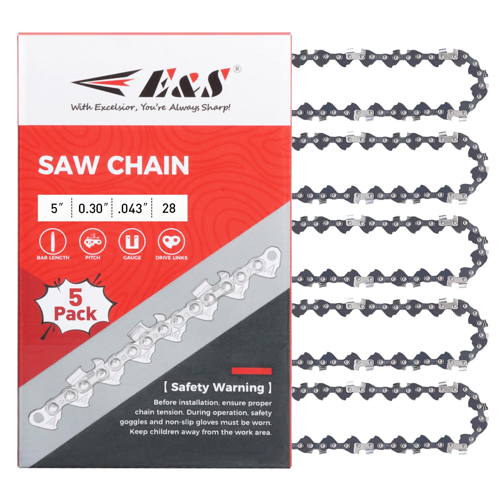 5 Pack 5 Inch Chainsaw Chain 0.30" Pitch .043" Gauge 28 Drive Links